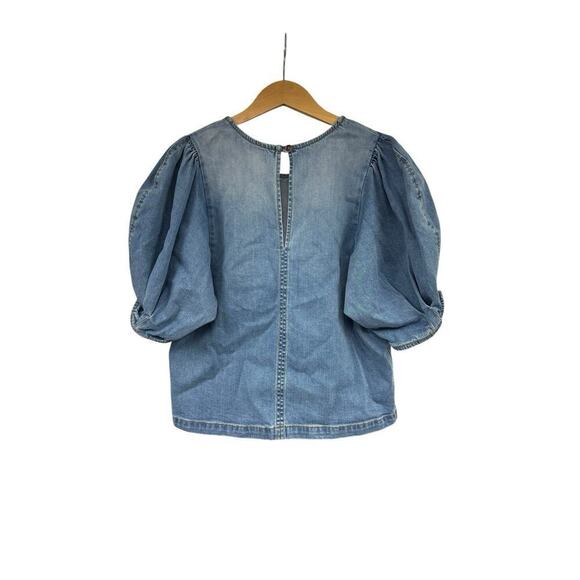 R.G. Kane Denim Poof Blouse Blue Stretch Modest Top Womens Medium - Picture 3 of 6